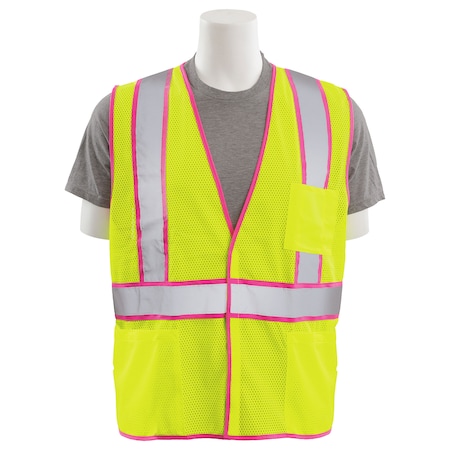 Safety Vest, Unisex, Mesh, Class 2, S730, Hi-Viz Lime W/Pink Trim, XL
